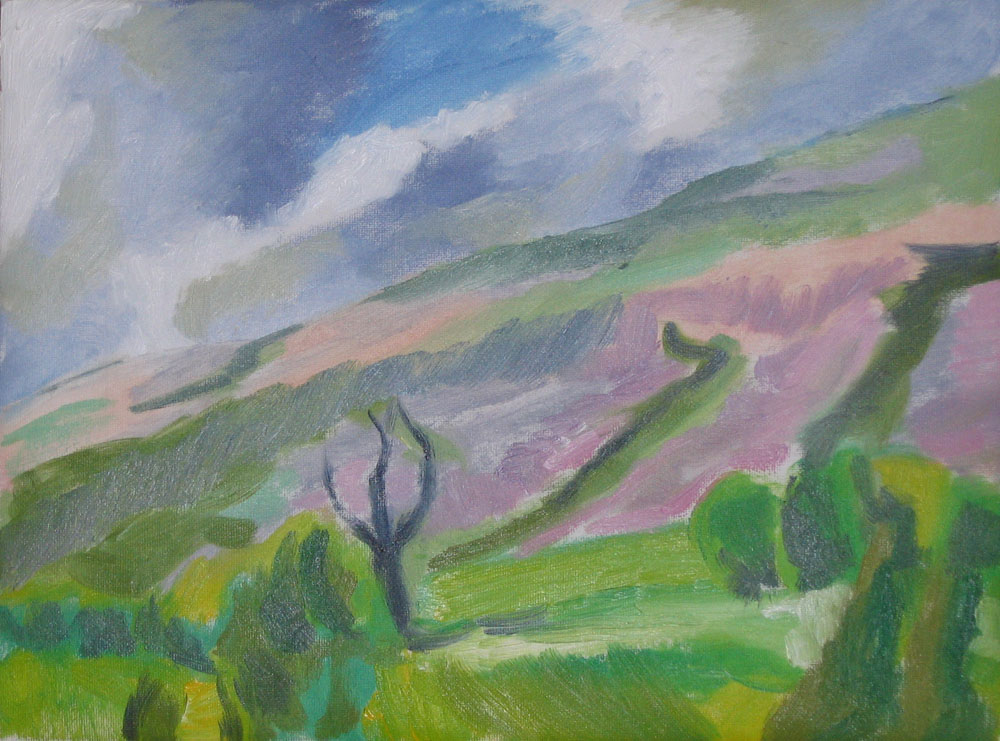 9x12 oil on canvas painting of the hill lit dramatically one evening