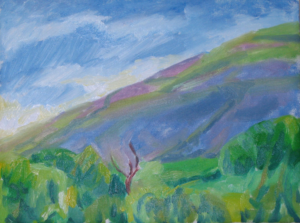 purple evening hues hill painting, oil on canvas, 9x12