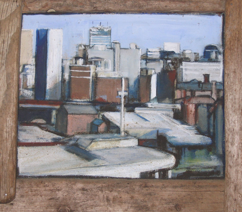 painting of manchester view, oil on card