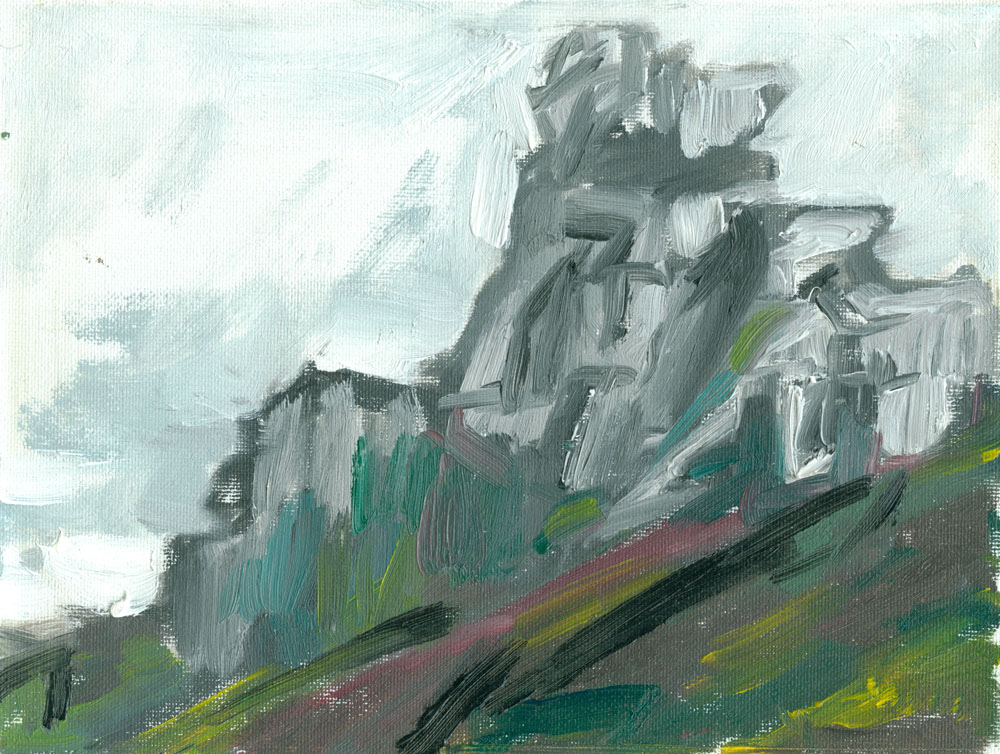 peculiar rock formation, Cornish cliffs on a rainy windswept day, oil study on canvas, 6x8 inches