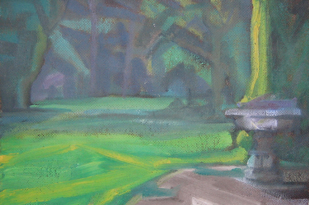 oil on hardboard, painting of trees in a southern garden